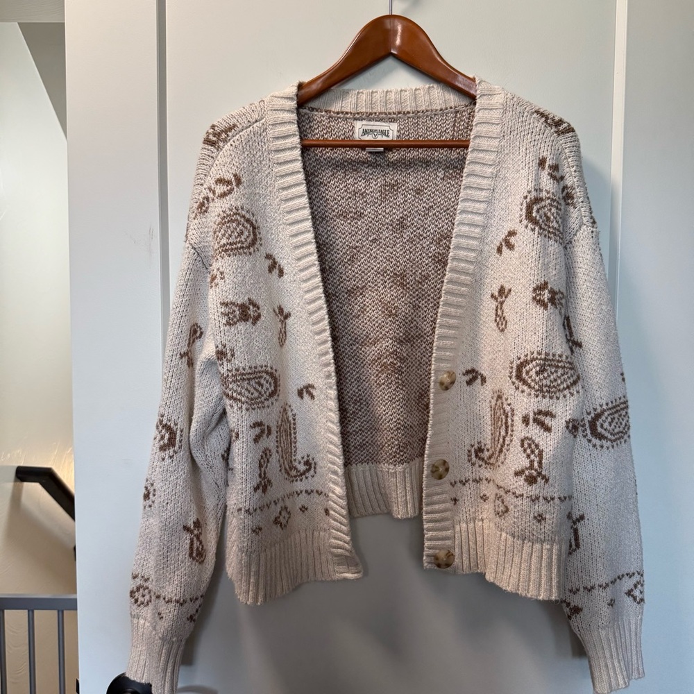 American Eagle Outfitters Cream and Brown Knit Cardigan
